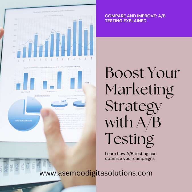  graphic image featuring a person’s hand pointing to a computer screen displaying various bar graphs and pie charts, with the title ‘Boost Your Marketing Strategy with A/B Testing’ prominently displayed. To the right, there is text that reads ‘COMPARE AND IMPROVE: A/B TESTING EXPLAINED’ and below it, ‘Learn how A/B testing can optimize your campaigns. www.asembodigitalsolutions.com