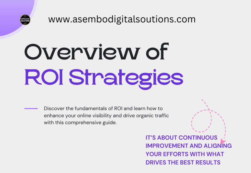 A graphic with a purple and white color scheme featuring the title ‘Overview of ROI Strategies’ in bold, black font. Below the title is a subtitle in purple font that reads ‘Discover the fundamentals of ROI and learn how to enhance your online visibility and drive organic traffic with this comprehensive guide.’ To the right, there is a circular arrow graphic symbolizing continuous improvement, accompanied by text in purple that says ‘IT’S ABOUT CONTINUOUS IMPROVEMENT AND ALIGNING YOUR EFFORTS WITH WHAT DRIVES THE BEST RESULTS.’ The website address ‘www.asembodigitalsolutions.com’ is displayed at the top in white font against a dark purple background