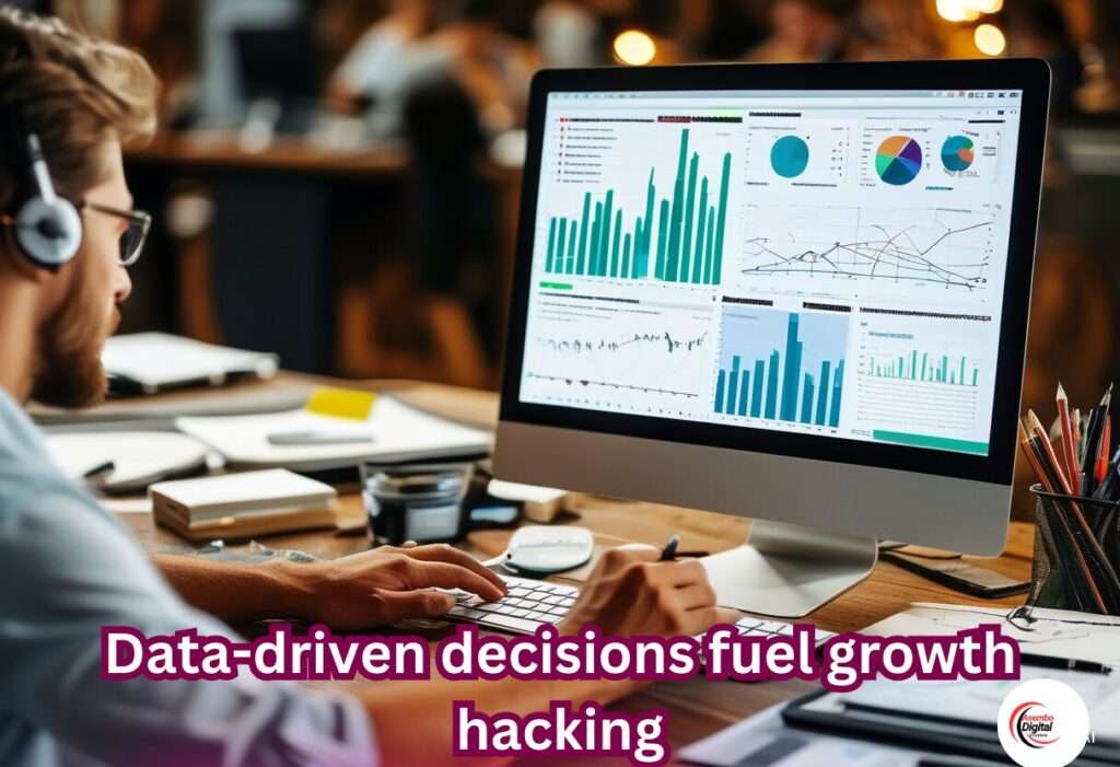 This image shows a person working on a computer with multiple data visualizations on the screen. The text emphasizes the importance of data-driven decisions in growth hacking, making it relevant for discussions on business strategy and analytics.