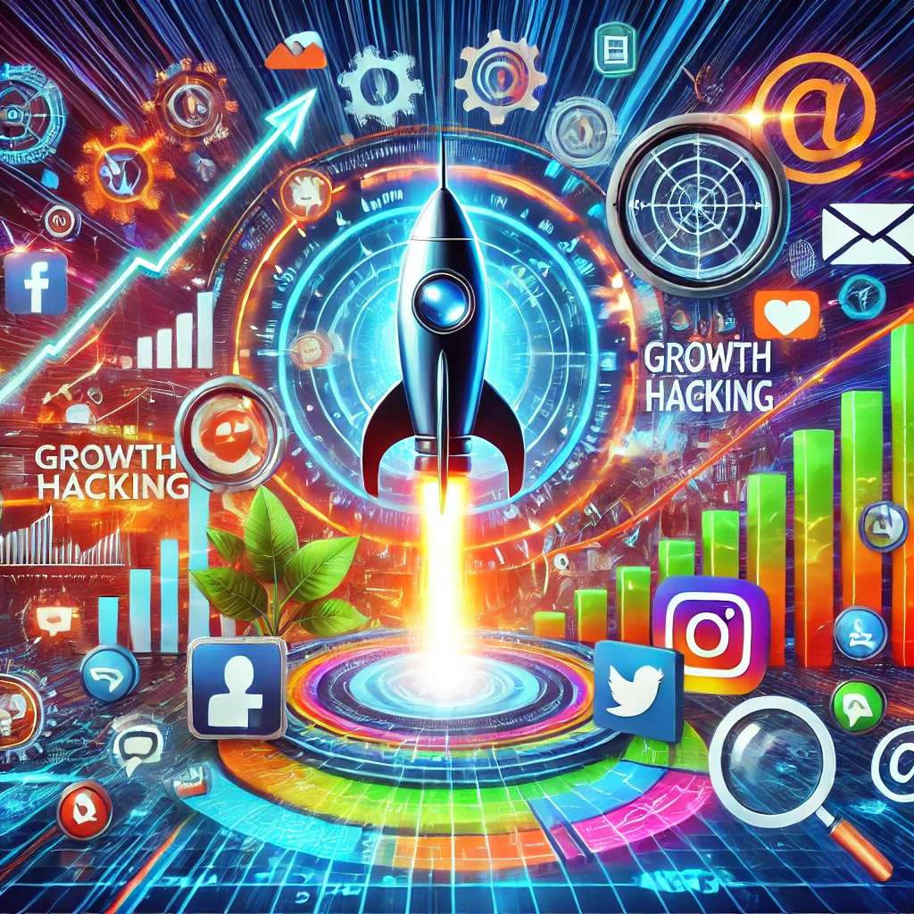 A vibrant scene illustrating growth hacking techniques for startups, featuring a rocket symbolizing rapid growth, upward trending graphs, digital screens displaying social media platforms, and icons representing metrics and email marketing. The background has a futuristic feel with bright neon blues, greens, and oranges, giving a sense of innovation and fast-paced growth.